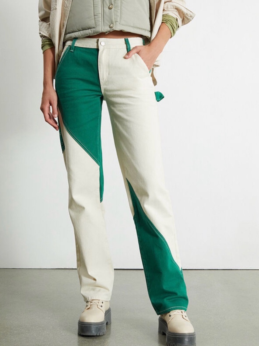 PacSun Green & White Paneled Low Rise Carpenter Pants Jeans Size 23 - Picture 2 of 14